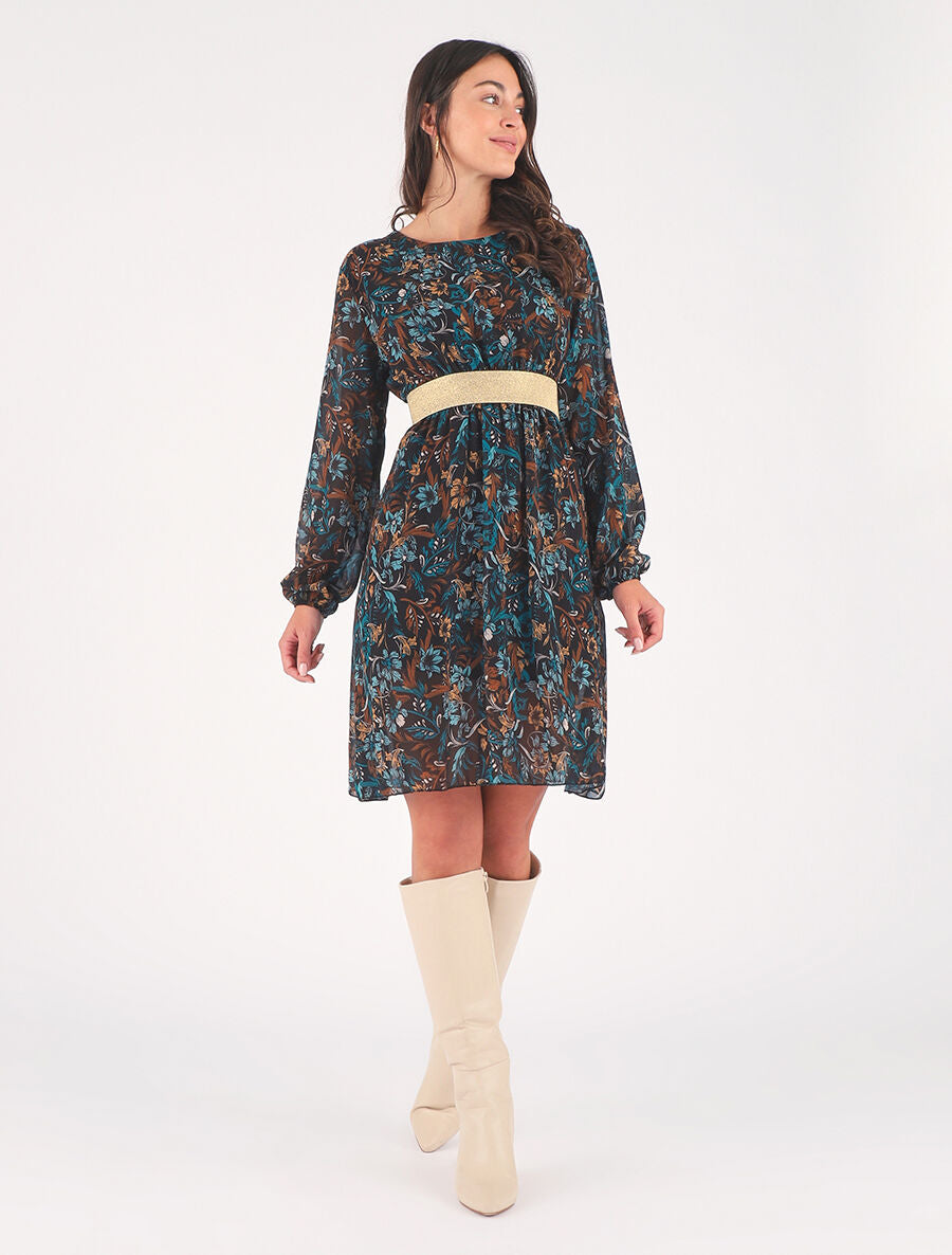Robe imprimé fleuri à bande dorée - Marine - 4