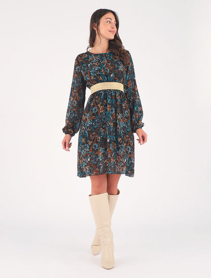 Robe imprimé fleuri à bande dorée - Marine - 4