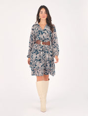 Robe mi-longue motif feuilles - Bleu - 1