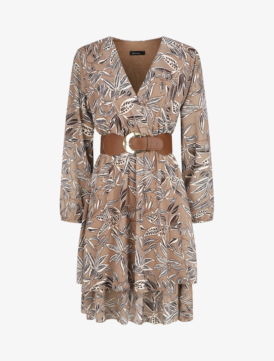 Robe mi-longue motif feuilles - Taupe - 1