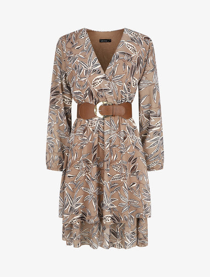 Robe mi-longue motif feuilles - Taupe - 1