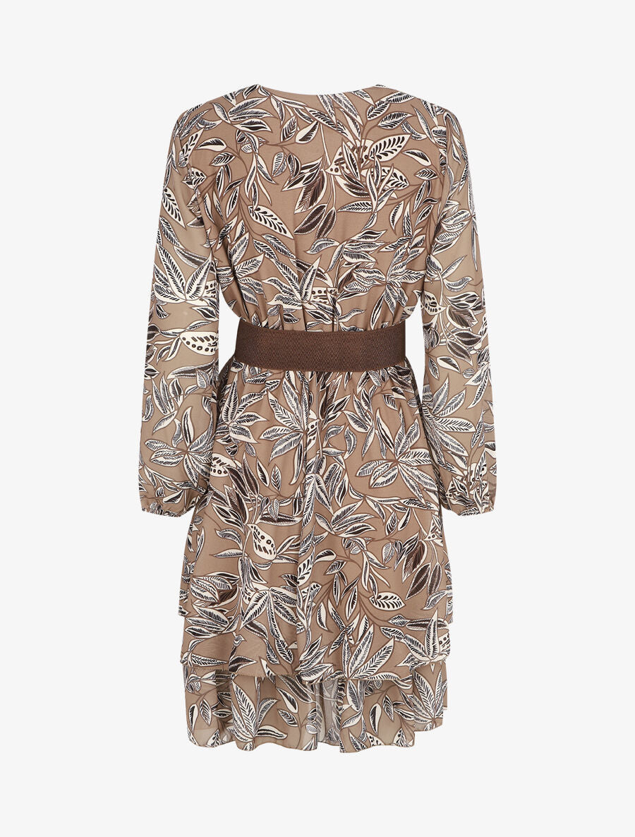 Robe mi-longue motif feuilles - Taupe - 2