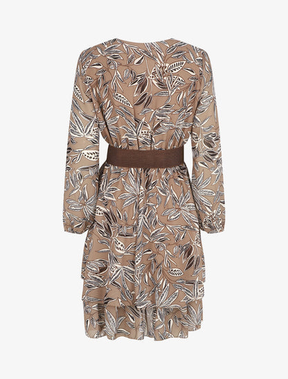 Robe mi-longue motif feuilles - Taupe - 2