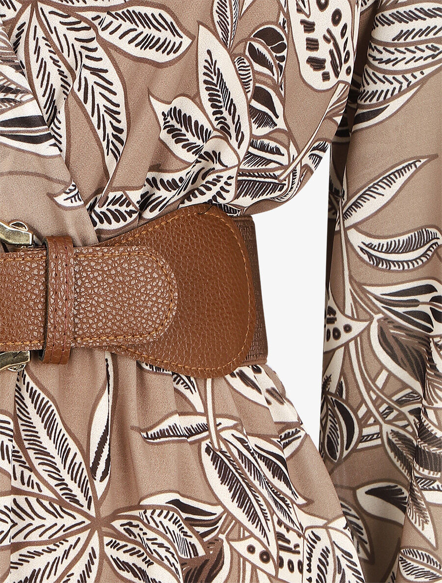 Robe mi-longue motif feuilles - Taupe - 3