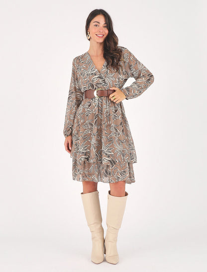 Robe mi-longue motif feuilles - Taupe - 4