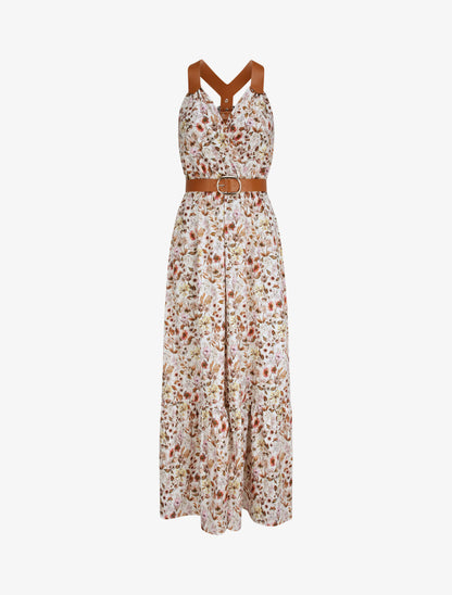 Robe longue coupe patineuse imprimé petites fleurs à bretelles en simili - Blanc - 3