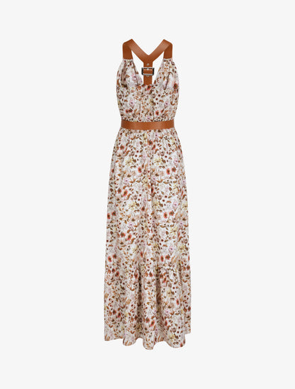 Robe longue coupe patineuse imprimé petites fleurs à bretelles en simili - Blanc - 2