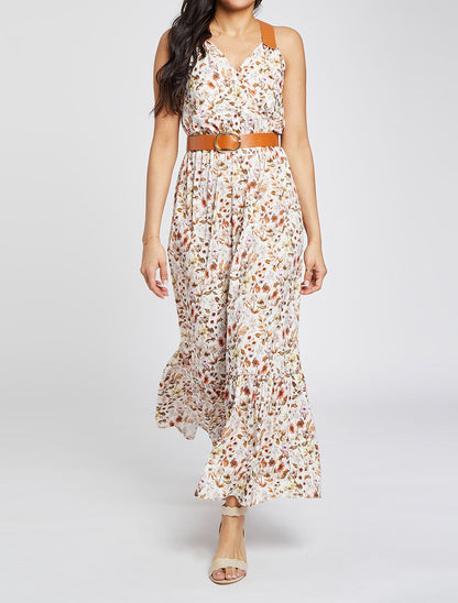 Robe longue coupe patineuse imprimé petites fleurs à bretelles en simili - Blanc - 1