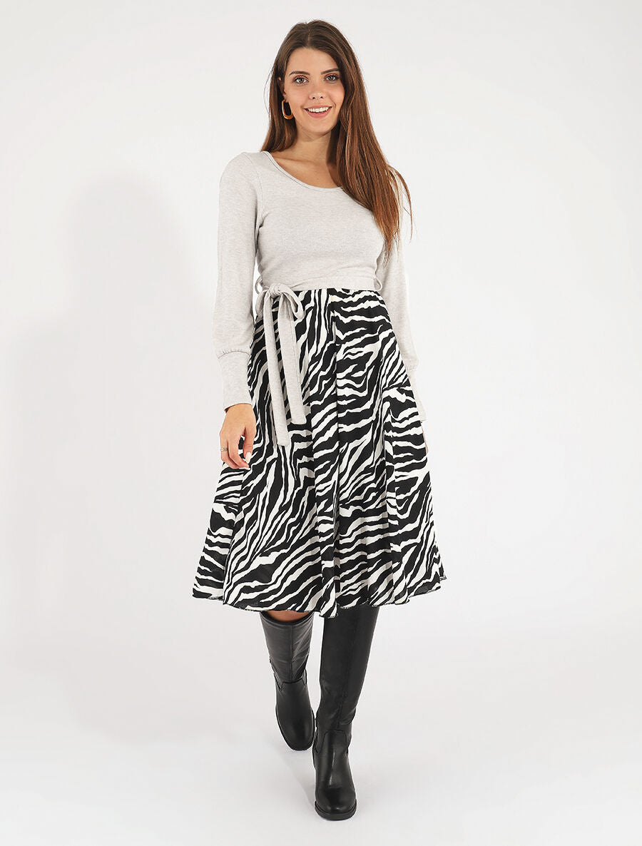 Robe mi-longue évasée imprimé zèbre - Beige - 4