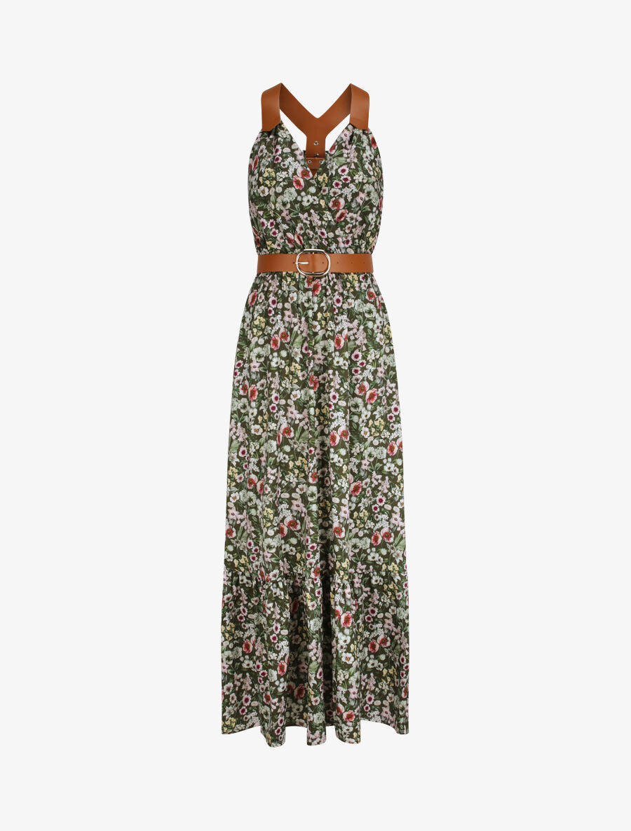 Robe longue coupe patineuse imprimé petites fleurs à bretelles en simili - Kaki - 6