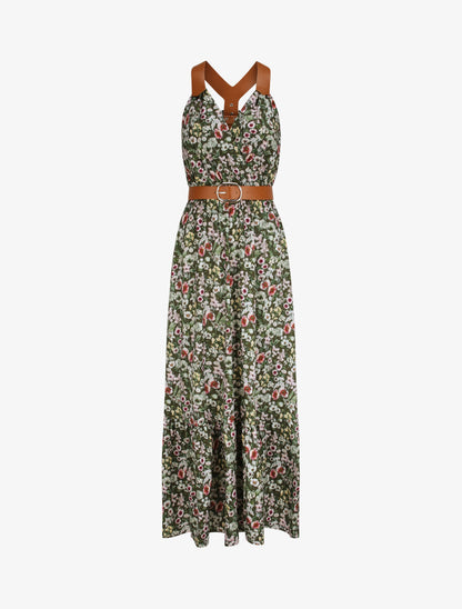 Robe longue coupe patineuse imprimé petites fleurs à bretelles en simili - Kaki - 6