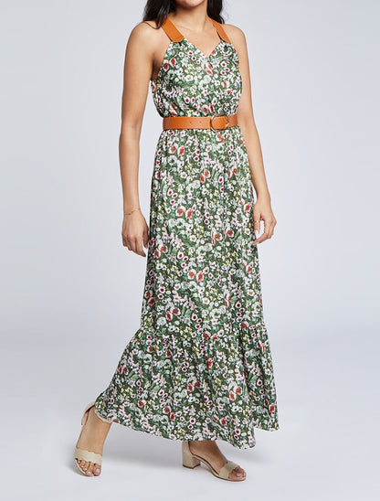 Robe longue coupe patineuse imprimé petites fleurs à bretelles en simili - Kaki - 5