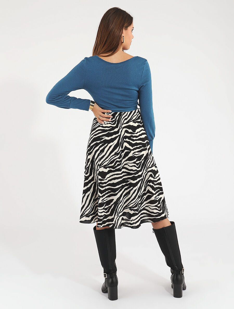 Robe mi-longue évasée imprimé zèbre - Bleu - 5