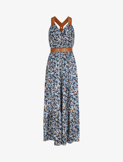 Robe longue coupe patineuse imprimé petites fleurs à bretelles en simili - Marine - 1