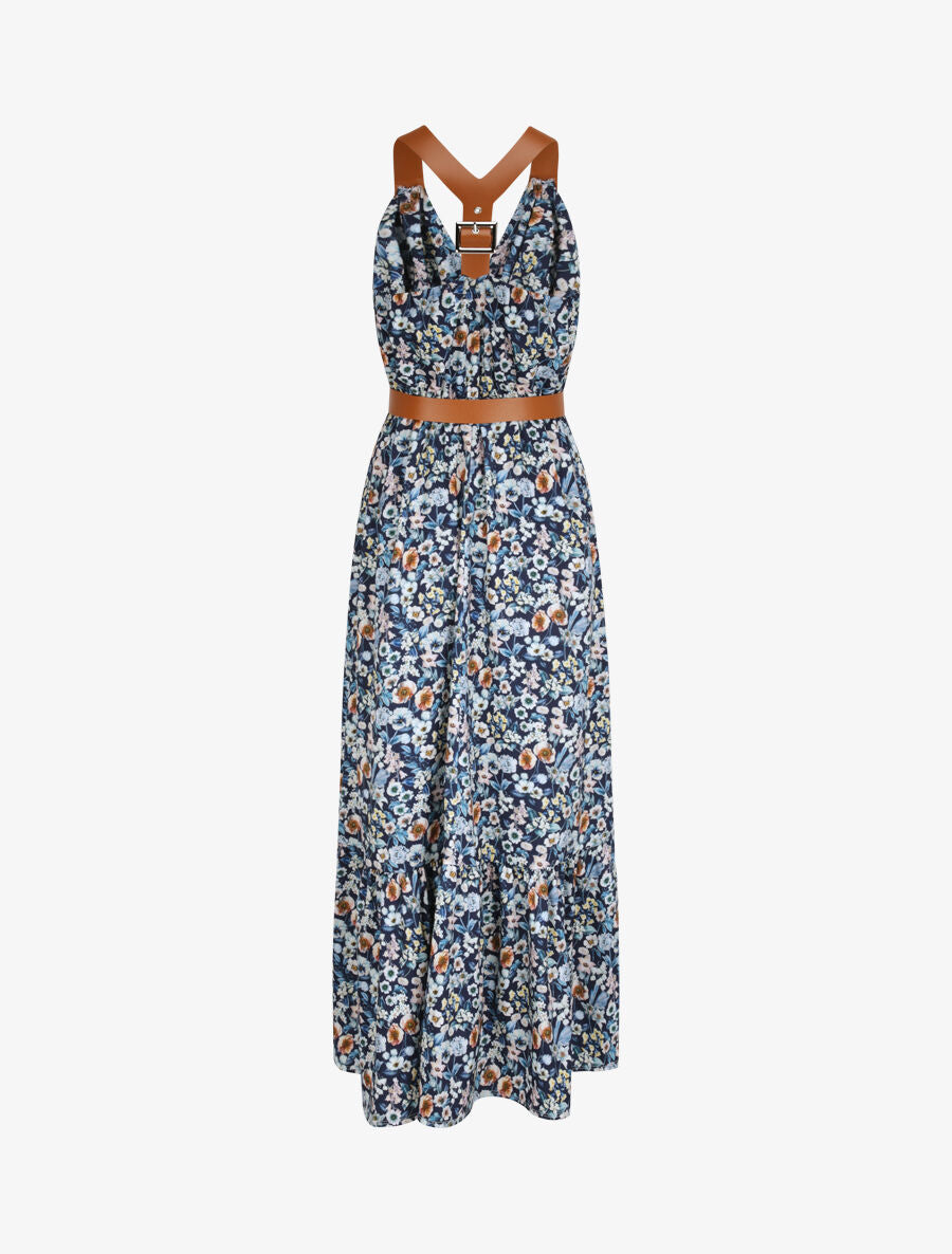 Robe longue coupe patineuse imprimé petites fleurs à bretelles en simili - Marine - 2