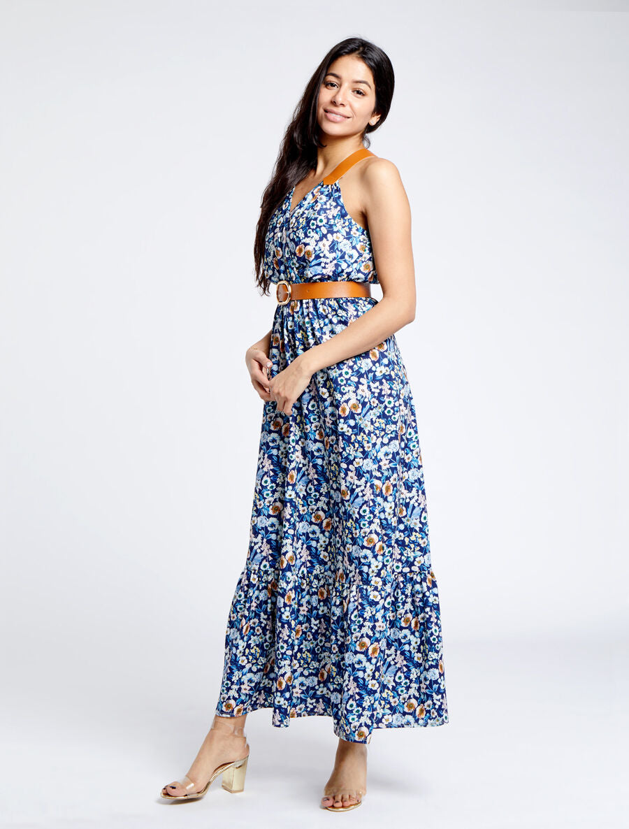 Robe longue coupe patineuse imprimé petites fleurs à bretelles en simili - Marine - 5