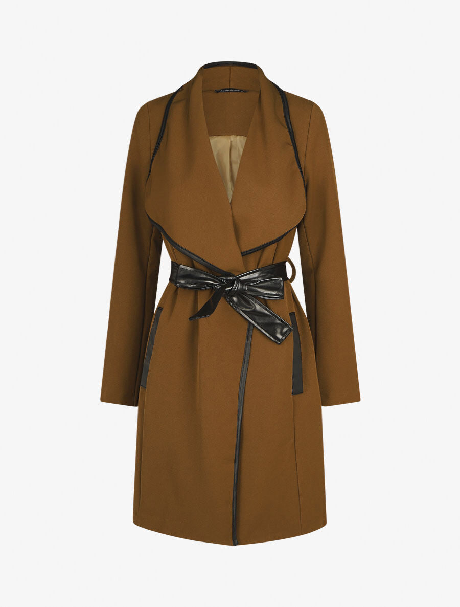 Veste longue coupe droite col cascade - Marron - 1