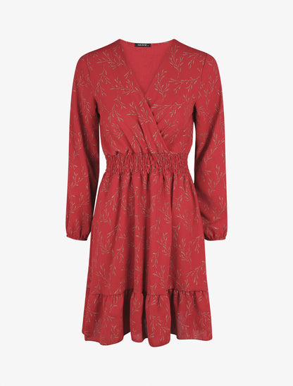 Robe évasée motif feuilles pailletées - Rouge - 1