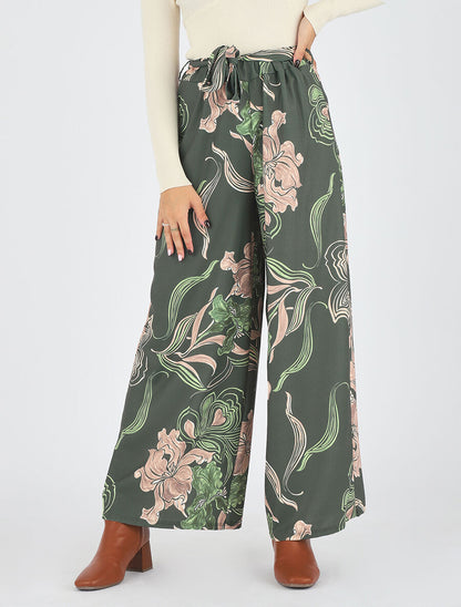 Pantalon ample taille haute imprimé floral - Kaki - 4