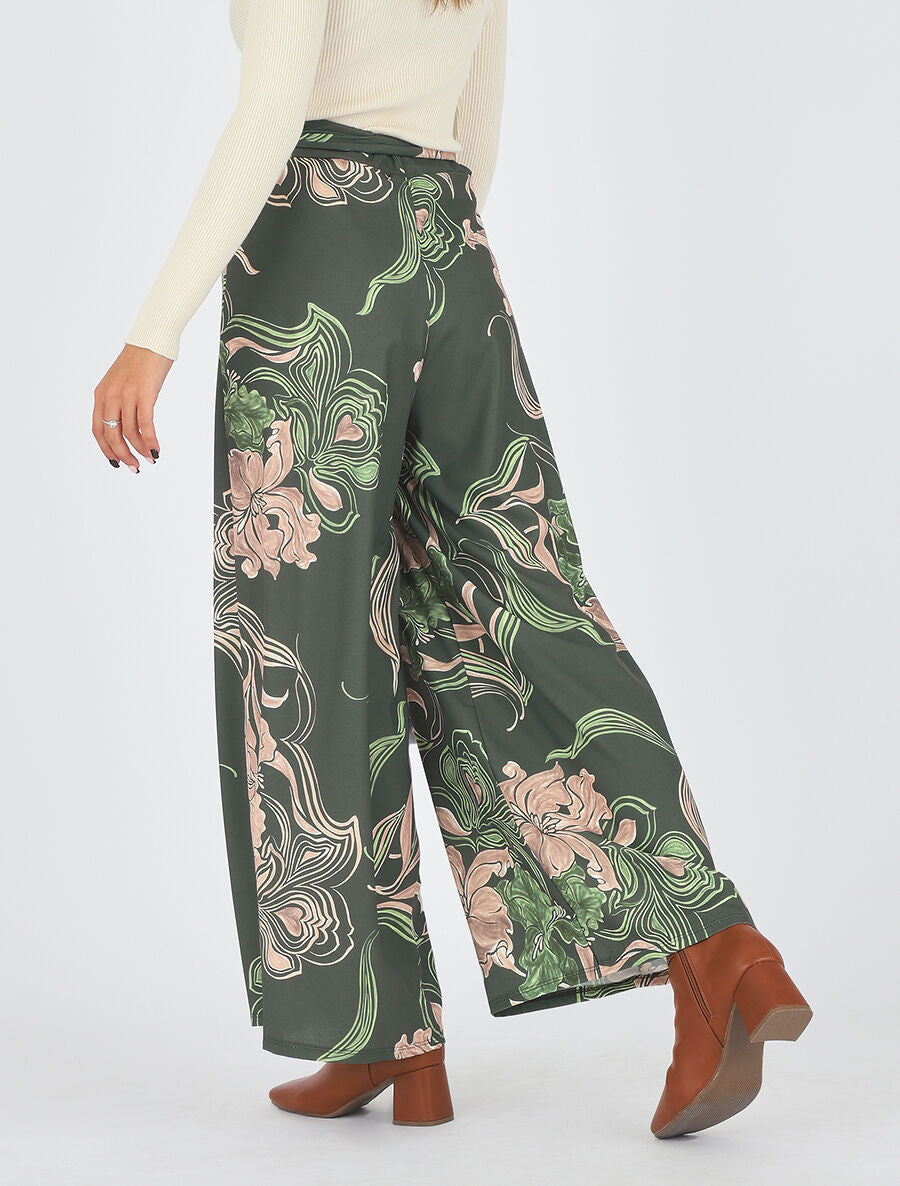 Pantalon ample taille haute imprimé floral - Kaki - 5