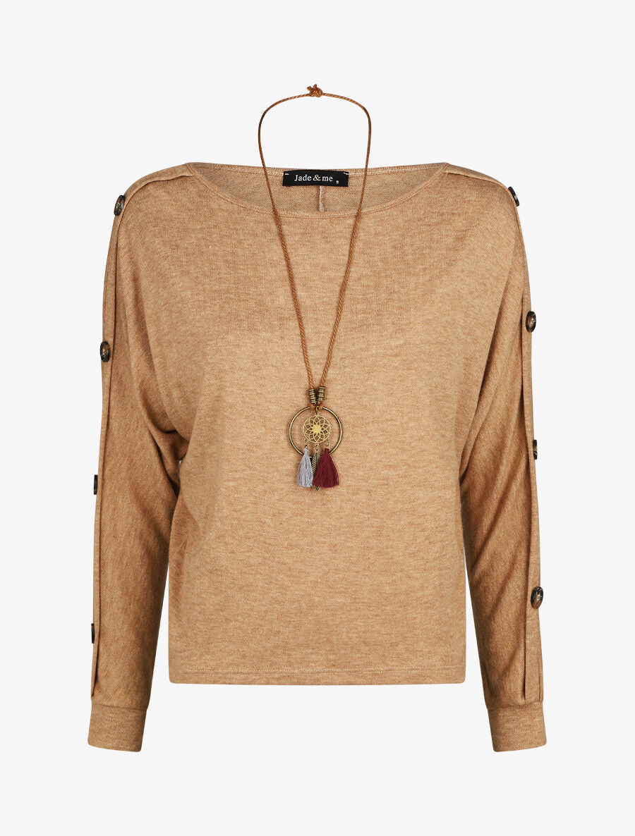Pull ample manches à boutons décoratifs - Camel - 1
