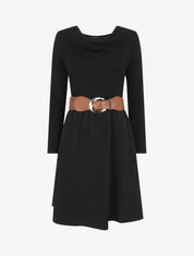 Robe courte évasée col bénitier et manches longues - Noir - 1