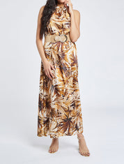 Robe longue à imprimé tropical - Camel - 1