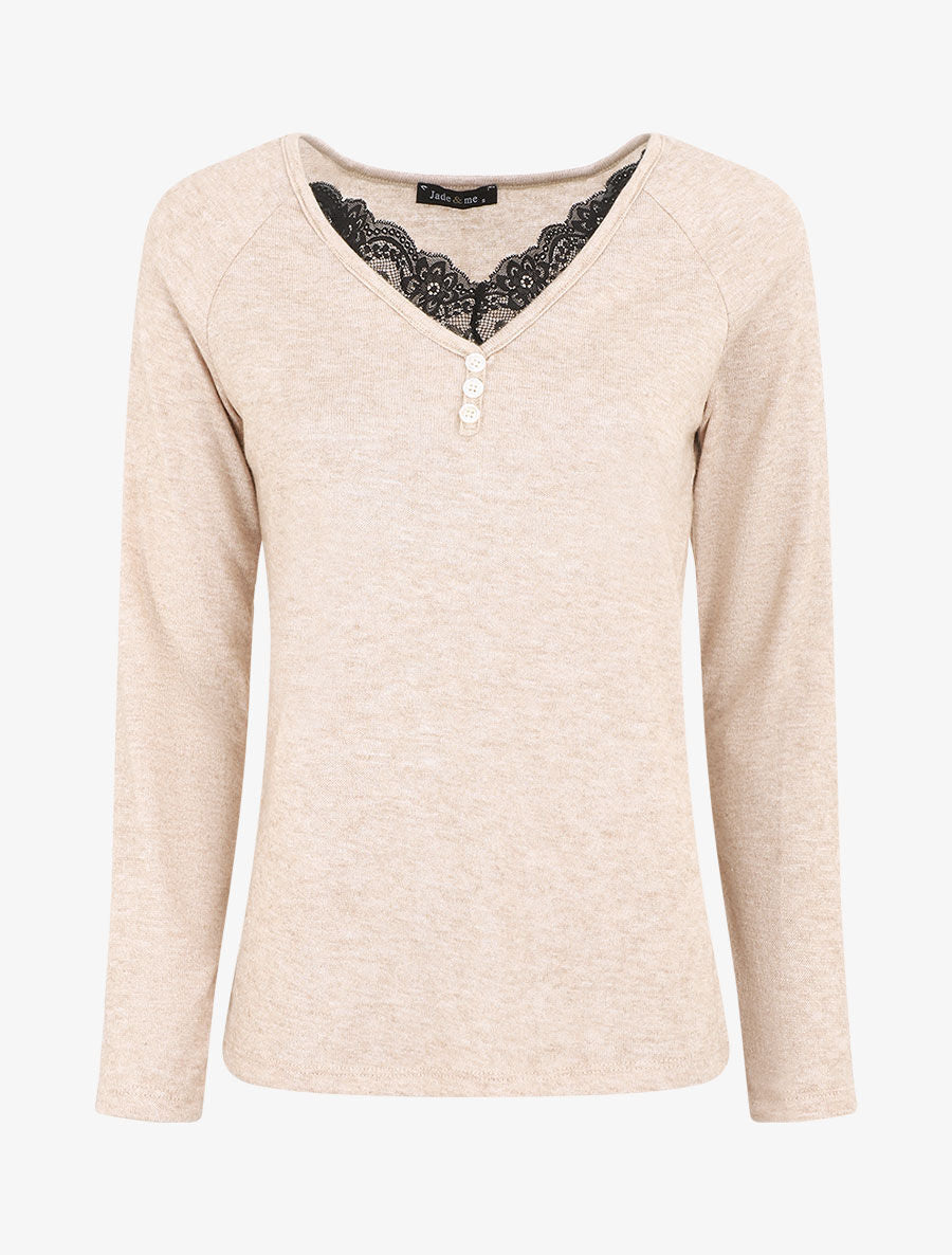 Pull droit uni col V en dentelle - Beige - 4