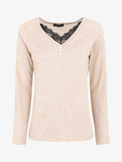 Pull droit uni col V en dentelle - Beige - 4