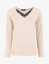 Pull droit uni col V en dentelle - Beige - 4
