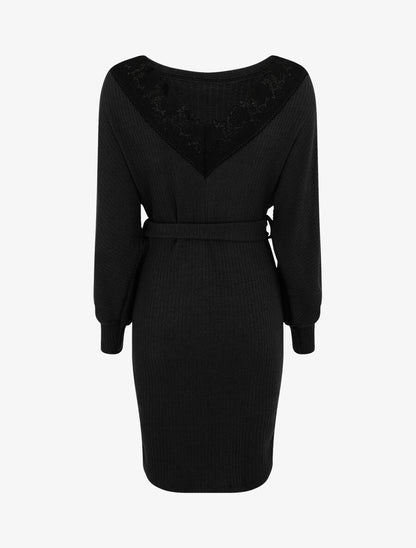 Robe pull ajustée dos en V dentelle - Noir - 2