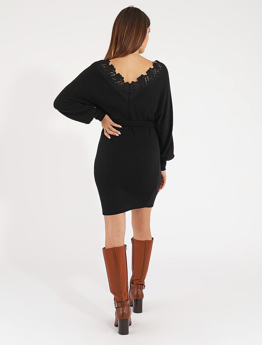 Robe pull ajustée dos en V dentelle - Noir - 5