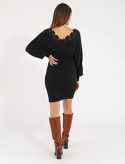 Robe pull ajustée dos en V dentelle - Noir - 5