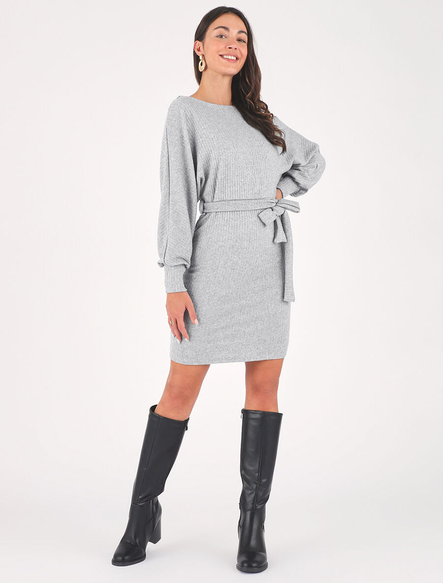 Robe pull ajustée dos en V dentelle - Gris - 4