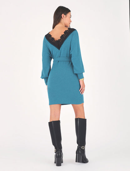Robe pull ajustée dos en V dentelle - Bleu canard - 5