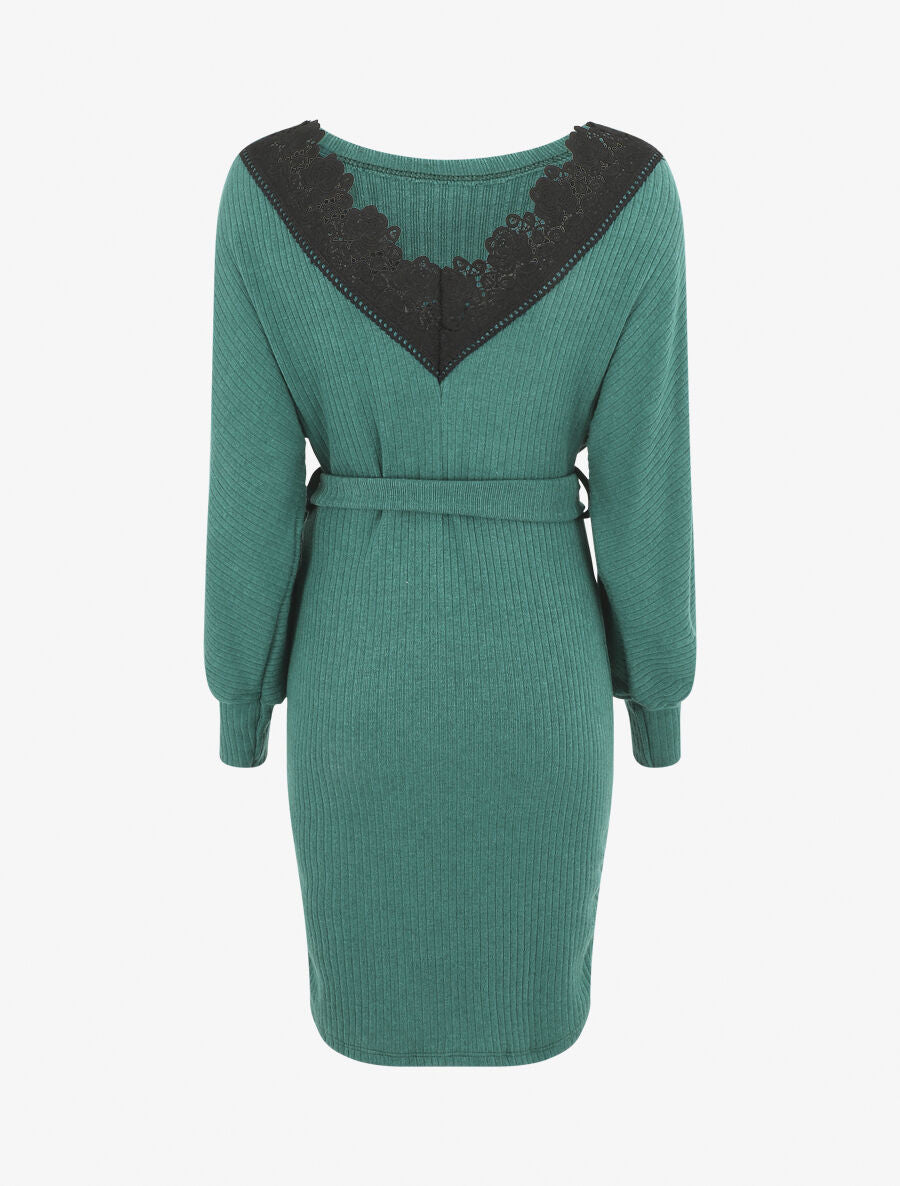 Robe pull ajustée dos en V dentelle - Vert - 2