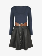 Robe bi-matière courte évasée simili - Marine - 6