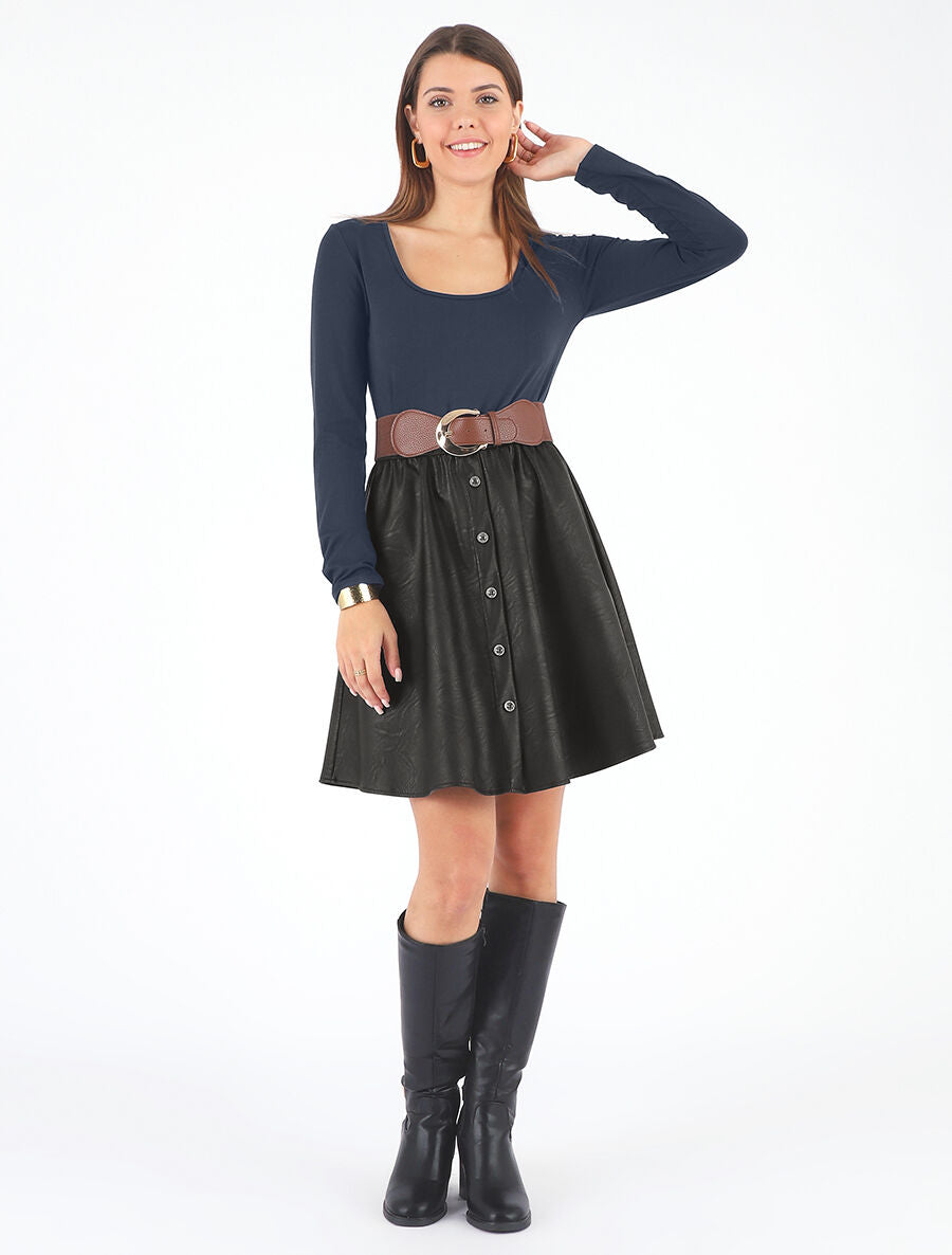 Robe bi-matière courte évasée simili - Marine - 4