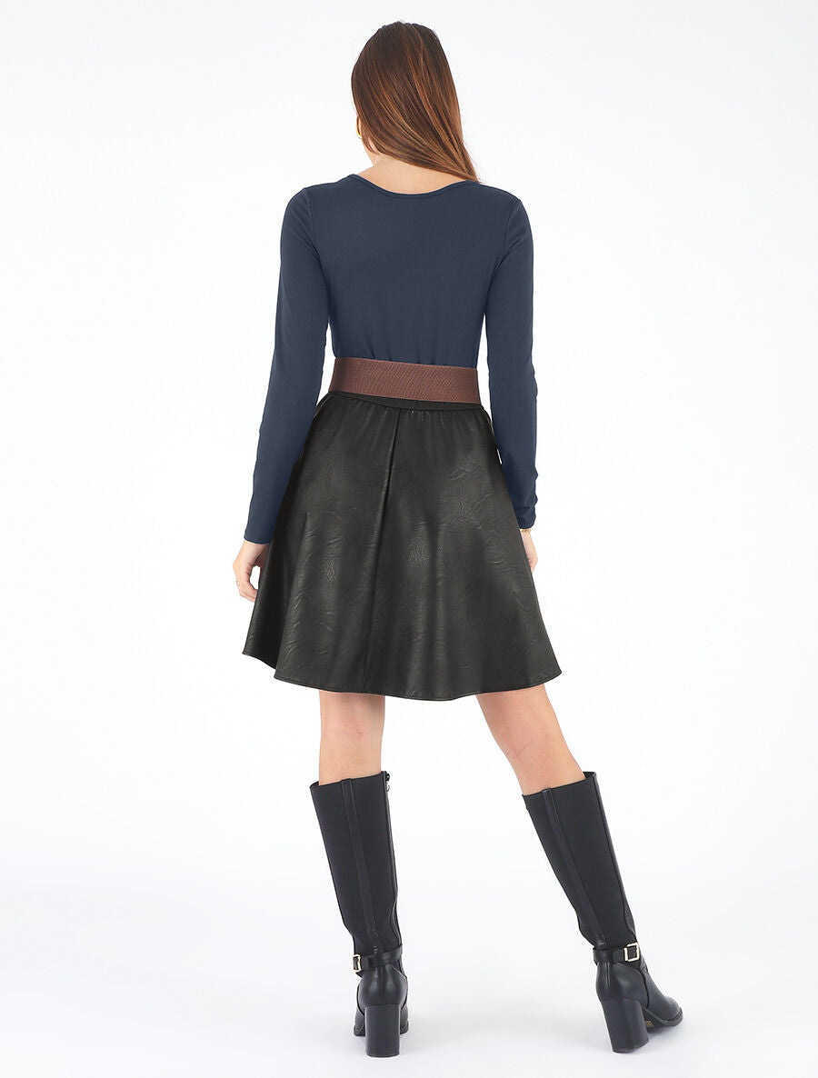 Robe bi-matière courte évasée simili - Marine - 5