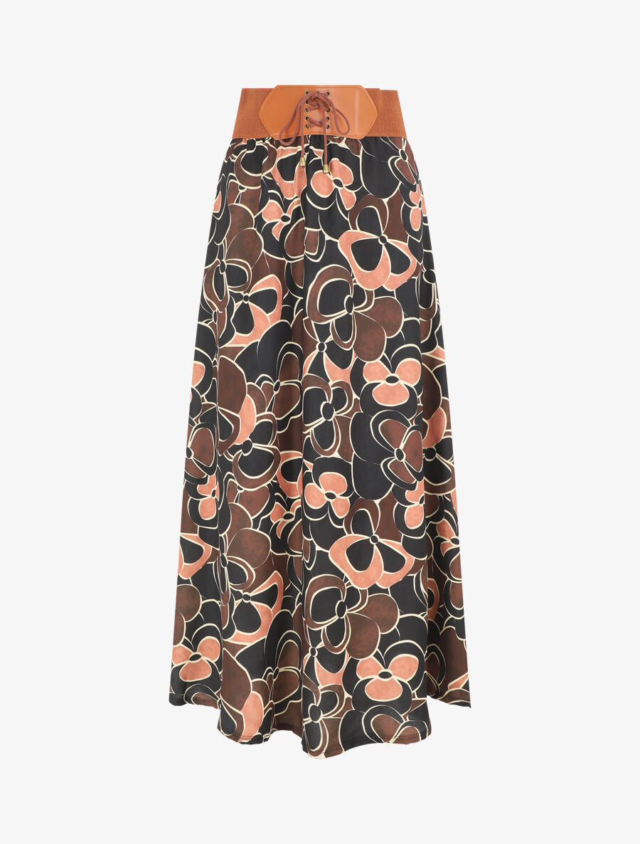 Jupe longue à taille haute imprimé fleuri - Noir - 1