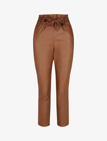 Pantalon paperbag taille haute en simili - Camel - 4