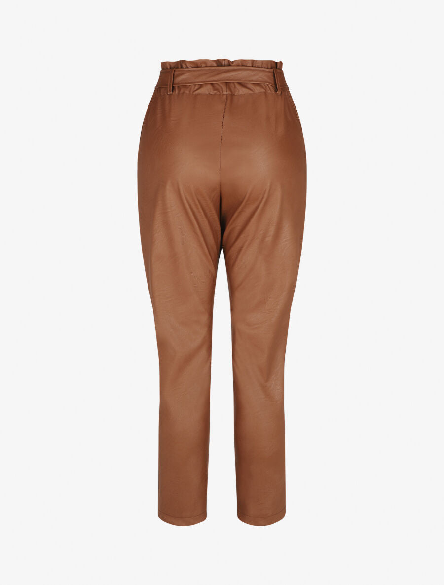 Pantalon paperbag taille haute en simili - Camel - 2
