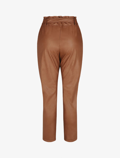 Pantalon paperbag taille haute en simili - Camel - 2