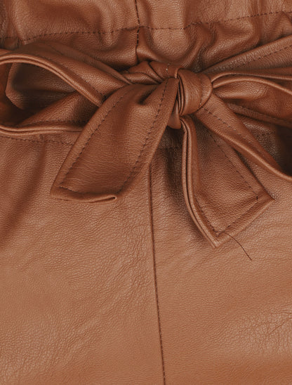 Pantalon paperbag taille haute en simili - Camel - 3