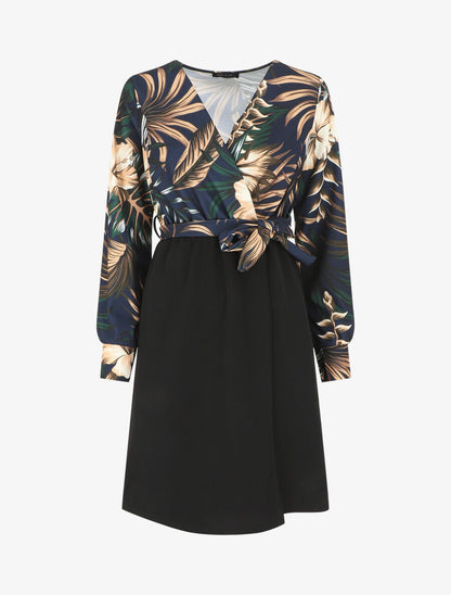 Robe bicolore imprimé fleuri - Marine - 1