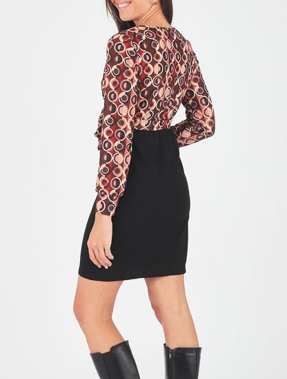 Robe bicolore imprimé retro - Bordeaux - 6
