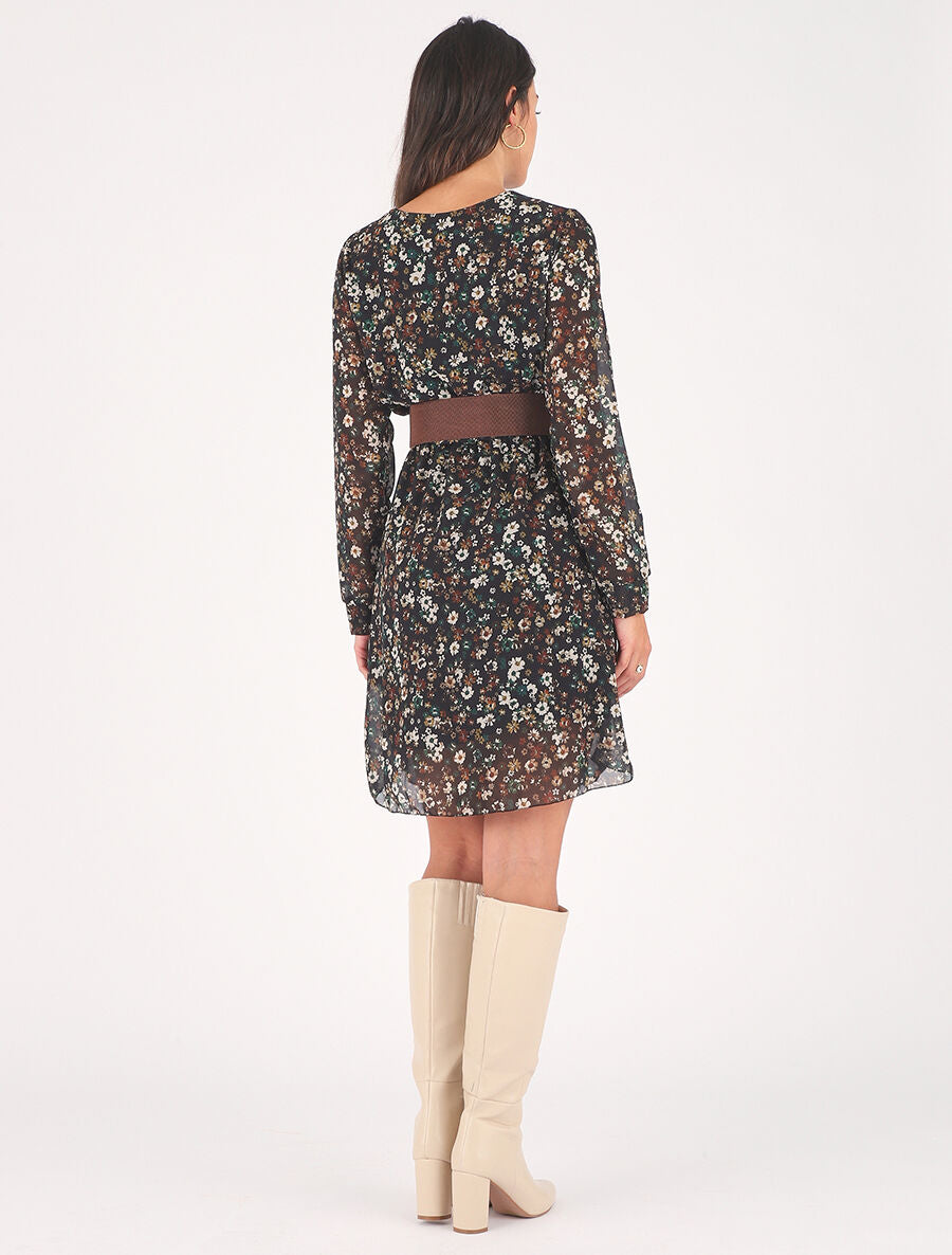 Robe élastiquée à imprimé fleuri - Noir - 5