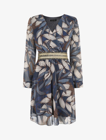 Robe imprimé feuillage à bande élastiquée dorée - Marine - 1