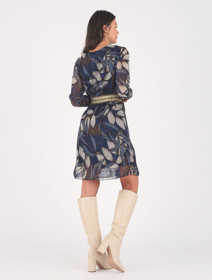 Robe imprimé feuillage à bande élastiquée dorée - Marine - 5
