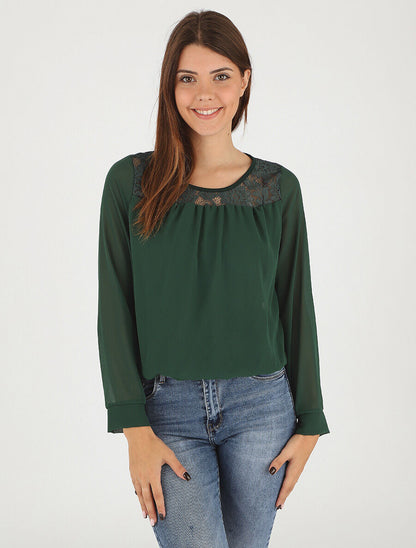 Top uni en voile et dentelle - Vert - 4